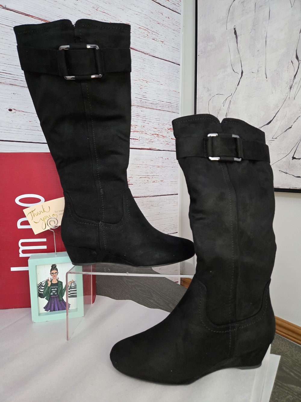 NIB IMPO Black Knee High Wedge Boots Buckle Multiple Sizes Available